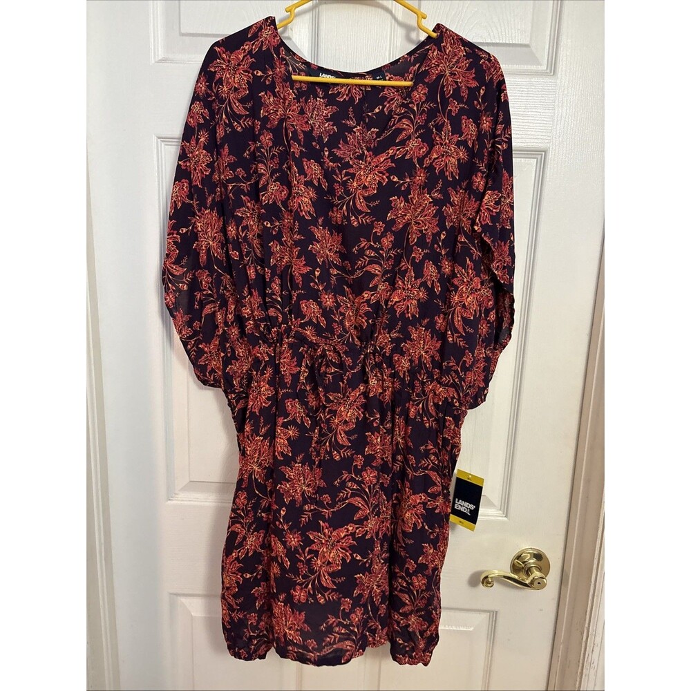 Lands End Purple Floral Lightweight Swim Coverup With Drawstring Waist, Sz M / L